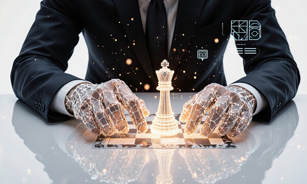 Future of Strategy Portrait A human like mesh hand and a purely geometric wireframe hand jointly clasp a glowing king