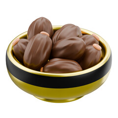 A gleaming golden bowl filled with delicious dates, a perfect treat for festive occasions and Ramadan celebrations, rendered in a 3D illustration style