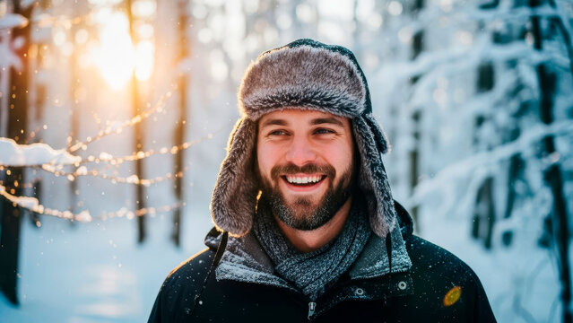 man in trapper hat walking through snowy forest. Winter travel, outdoor adventure and seasonal nature exploration theme