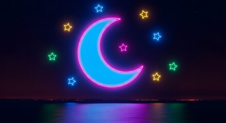 Neon Glowing Crescent Moon Symbol with Stars Background Night Sky Above Water Surface Beautiful Nighttime Landscape 3d Render