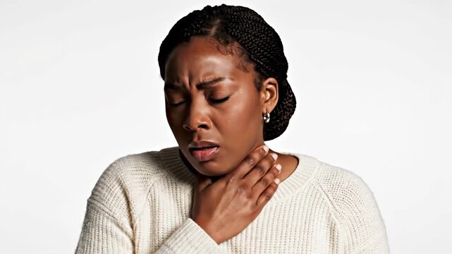 Woman Experiencing Pain, Depicting Discomfort, Showing Expressions of Sickness in White Background