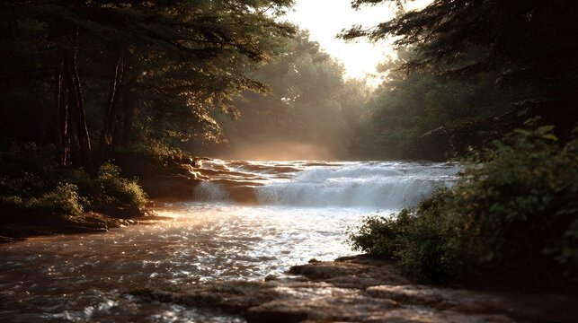 A sunlit forest waterfall cascades in the warm glow of golden hour with mist rising from the flowing water