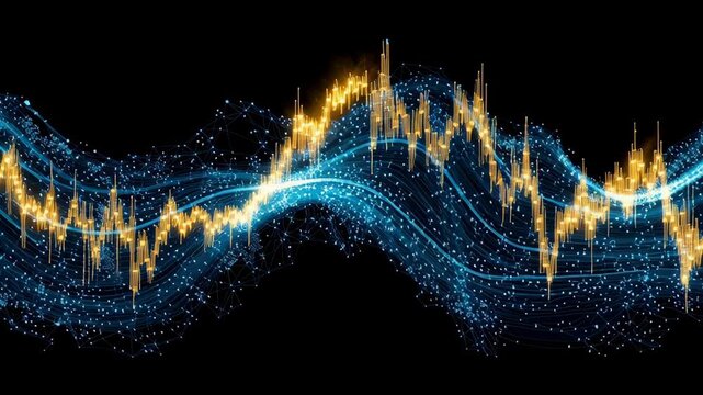 Financial data visualization featuring glowing golden candlestick chart and dynamic blue digital wave pattern illustrating market trends and digital analytics in futuristic style
