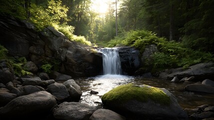 Obraz premium A serene waterfall cascades through a lush green forest during the golden hour with sunlight illuminating mossy rocks and flowing water