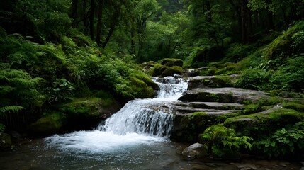 A serene forest stream cascades over moss covered rocks surrounded by lush green vegetation