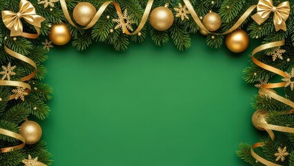Festive christmas garland with golden ornaments and bows framing a vibrant green background for copy space
