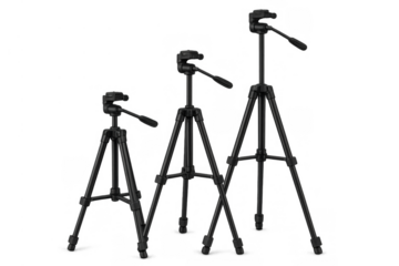 Three camera tripods in increasing sizes displaying equipment comparison and photography gear options