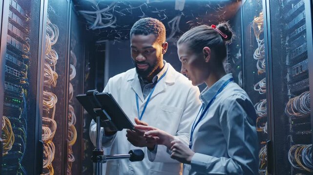 Engineer team works in data center. Man and woman engineer use tablet for server diagnosis. Team collaborates on technology maintenance. Engineer team checks server rack. Technology work in data cente