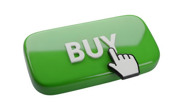 Green buy button with a hand cursor on a black background - Powered by Adobe