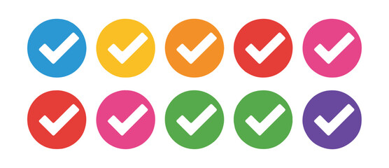 Check mark button set, colorful round icons, white tick signs for web applications