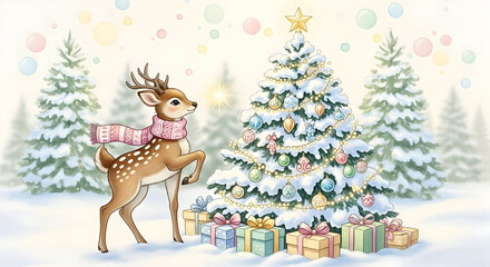 Obraz premium Festive Christmas Scene with Deer and Decorated Tree.