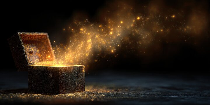 An open treasure chest emits a luminous golden mist and sparkles into darkness