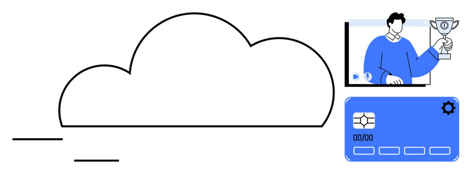 Cloud outline, man holding trophy in video feed, digital card with settings. Ideal for technology, cloud computing, achievements, virtual management, digital identity, online recognition software