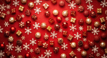 Festive Christmas Background with Ornaments and Snowflakes on Red.