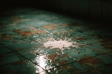 Fototapeta premium A liquid spill splatters across a grimy, tiled floor with a spotlight
