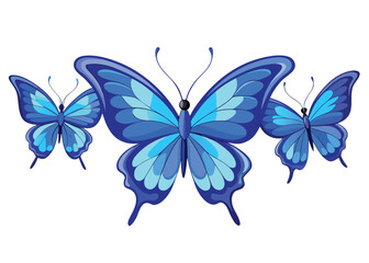 Three exquisite vibrant blue butterflies with meticulously detailed intricate wing patterns showcasing delicate beauty and perfect natural symmetry in graceful flight
