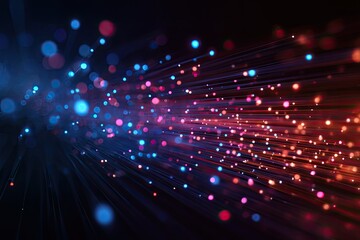 Glowing, abstract strands of light transition from blue to warm orange against a dark background