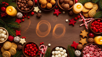 Festive Christmas Holiday Frame with Assorted Sweets, Evergreen Branches, Lit Candles, and '200' on Rustic Wood Background
