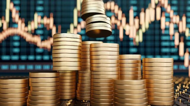 Stack of gold coin with financial graph background symbolizing economic growth investment success digital market environment and stacked gold coin with financial chart showing investment concept