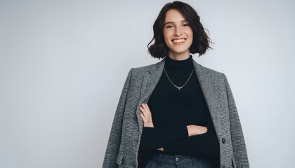 Portrait of a smiling female project manager with crossed arms and a blazer over her shoulders. Concept for business presentation, corporate lifestyle and office environment