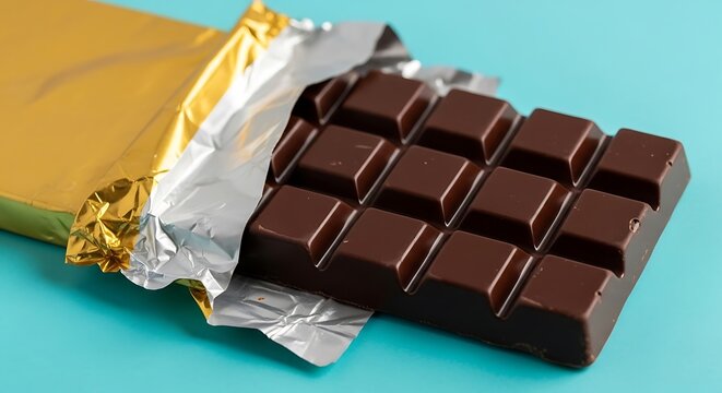 A delicious dark chocolate bar, partially unwrapped from its golden foil packaging, lies on a vibrant turquoise background, ready to be savored - Powered by Adobe