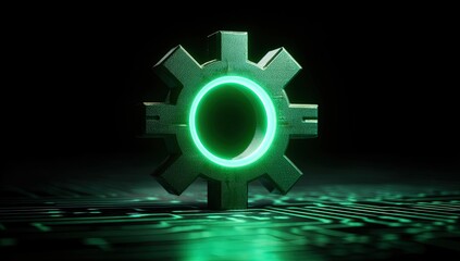 Sci-fi metallic cog with glowing green ring, on circuit board