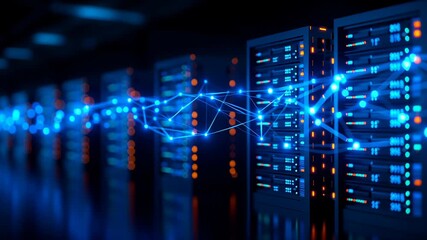 Data center server rack glowing with blue network connections and orange indicator lights showcasing digital technology infrastructure and futuristic global communication design - Powered by Adobe