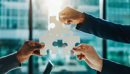 Close up of diverse hands assembling white jigsaw pieces in office, teamwork concept. Concept for solving business problems, strategic planning and successful partnership