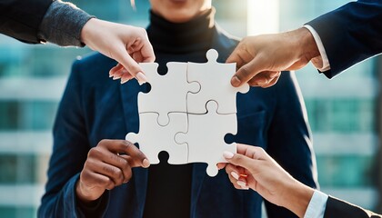 Close up of diverse hands assembling four white puzzle pieces in modern office. Concept for teamwork solution, problem solving approach and strategy integration