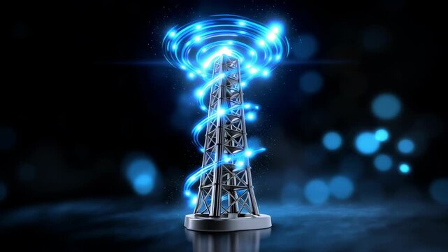 Wireless communication tower glowing blue signal waves spiraling around, symbolizing digital connectivity, modern technology, and network strength dark environment for advanced wireless network