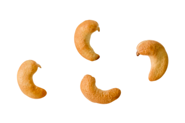 Top view set of four roasted or baked cashew nuts isolated with clipping path in png file format