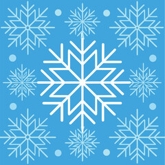A vibrant cool blue background adorned with a beautiful collection of intricate white snowflakes of varying sizes evoking the serene beauty of winter