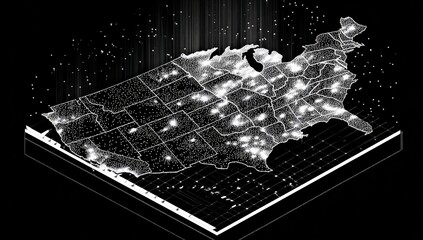 Isometric outline of the USA with glowing lights representing population density and data flow