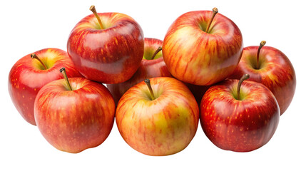 A group of fresh red apples with stems arranged in a pile against a black background close up view on transparent background