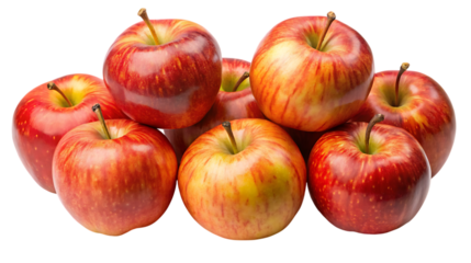 A group of fresh red apples with stems arranged in a pile against a black background close up view on transparent background
