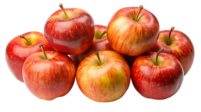 A group of fresh red apples with stems arranged in a pile against a black background close up view on transparent background
