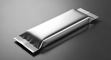 A sleek, silver foil wrapper for a snack bar or candy, presented in a minimalist, studiolit setting with a subtle reflection