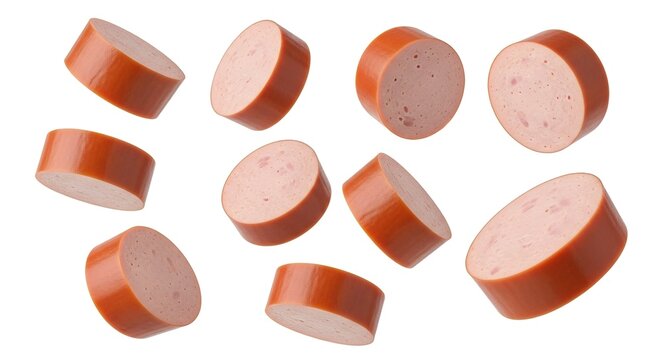 Multiple slices of sausage flying in the air isolated on white background