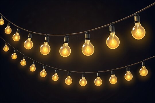 Warm glowing vintage edison style string lights draped across a dark background creating a festive and inviting atmosphere perfect for celebrations and outdoor events - Powered by Adobe