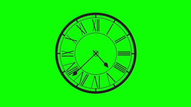 Analog clock green screen animation, starts at 12:00 and repeats, 4k video