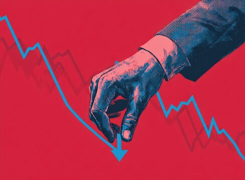 A hand guides a downward trending line graph, indicating financial decline