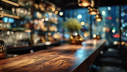 Warmly lit bar interior with polished wooden counter and blurred background