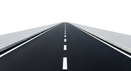 An empty, pristine, dark charcoal grey asphalt road with bright white dashed lane markers and solid edge lines, flanked by light grey concrete sidewalks, isolated against a seamless, transparent