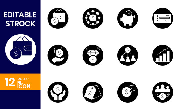 Set of twelve black and white finance and money related icons in circular shapes, perfect for business and banking presentations or applications - Powered by Adobe