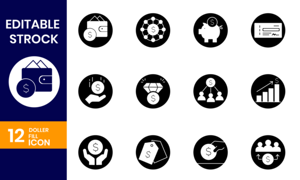Set of twelve black and white finance and money related icons in circular shapes, perfect for business and banking presentations or applications