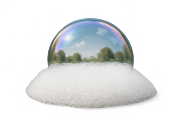 Soap bubble reflecting natural landscape of trees and sky on a pile of foam with an iridescent surface, transparent background