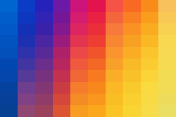 Abstract pixelated color gradient background featuring a smooth transition of vibrant blue, purple, red, orange, and yellow squares creating a dynamic visual.