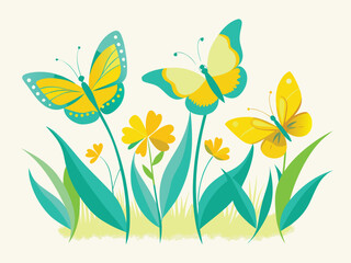 Vibrant watercolor illustration of three delicate yellow and turquoise butterflies fluttering gracefully amidst lush green foliage and small yellow wildflowers