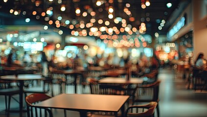 Obraz premium Dimly lit dining area with tables and blurred people under bokeh lights