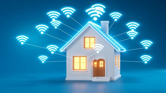 Smart home wireless internet automation with glowing Wi Fi signal icons above modern house model roof illuminated windows door blue background digital connection symbols representing connected house